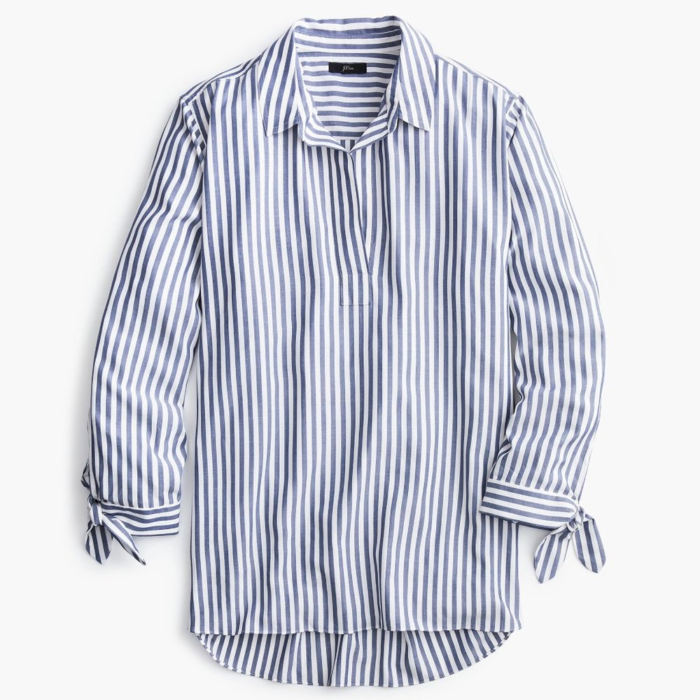 NWT | J. Crew | Collared Tie-Sleeve Blue & White Stripe Tunic Top (XL)
